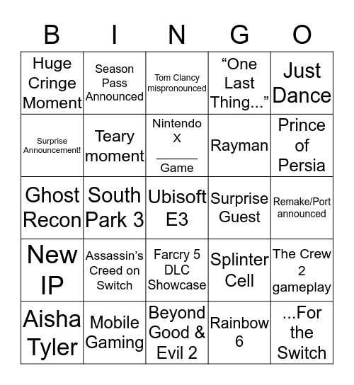 Ubisoft E3 Bingo Card