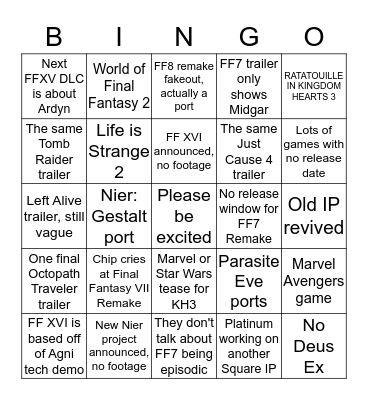 Square Enix E3 2018 Conference Bingo Card
