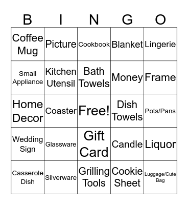 Bridal Shower Gift Bingo Card