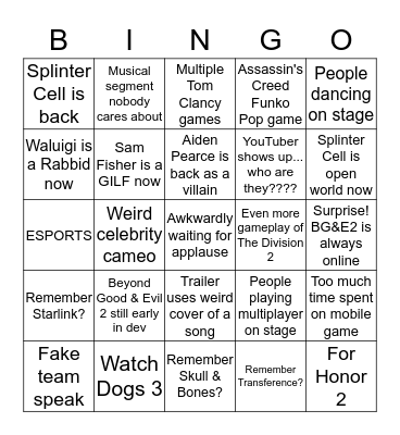 Ubisoft E3 2018 Conference Bingo Card