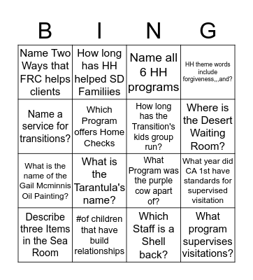 Hannah's House Anniversary Bingo Card