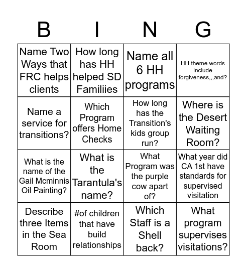 Hannah's House Anniversary Bingo Card