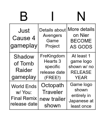Squeenix E3 2018 Shitpost Bingo Card