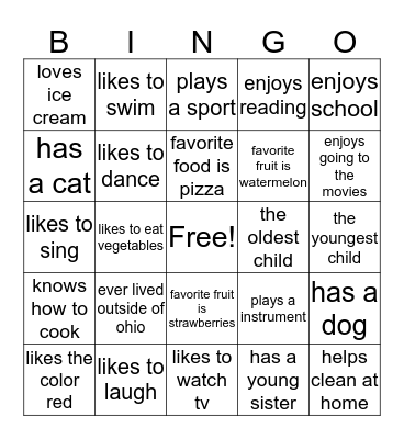 Getting to know you Bingo Card