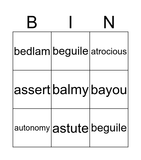 VOCAB Bingo Card