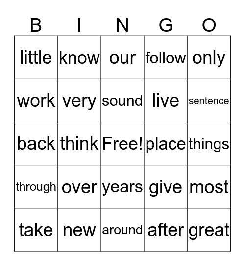1-45 Fry 200 Sight Word List Bingo Card