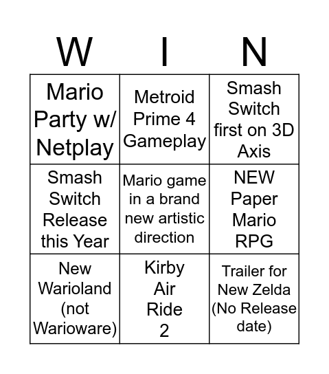 Nintendo DREAM List Bingo Card