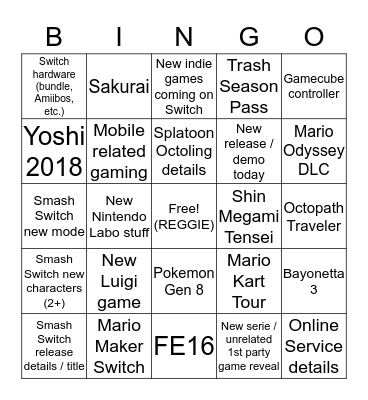 NintE3 Bingo Card