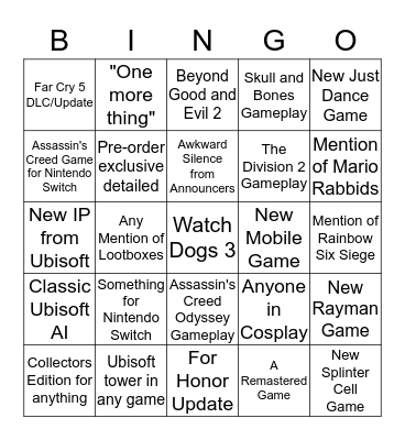 Ubisoft E3 Conference Bingo Card