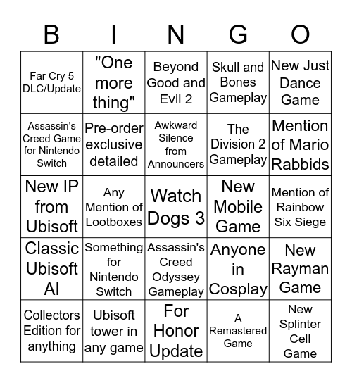 Ubisoft E3 Conference Bingo Card