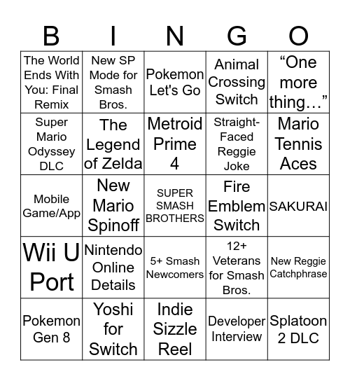 NINTENDO E3 2018 EXTRAVAGANZA WITH NEW FUNKY MODE Bingo Card