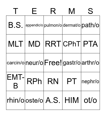 Health Careers Camp Bingo Card