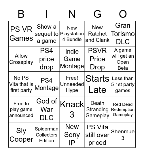 Sony Press Conference Bingo Card