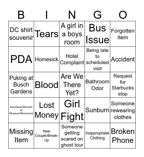 Erie DC Trip Bingo Card