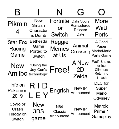 Nintendo E3 2018 BINGO Card