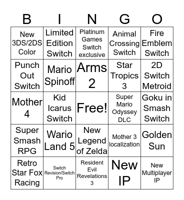 Nintendo E3 Direct Bingo Card