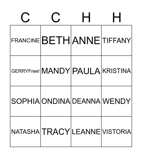 CDHA Bingo Card