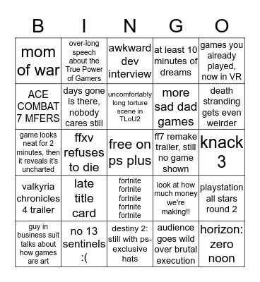 sony e3 Bingo Card