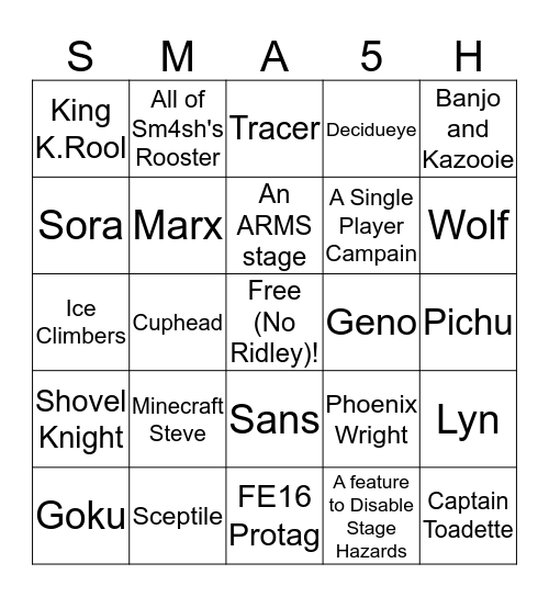 Smash 5 Bingo Card Bingo Card