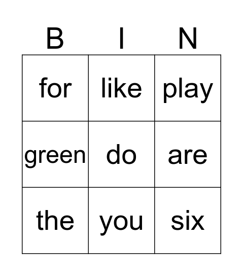 Sight word bingo Card