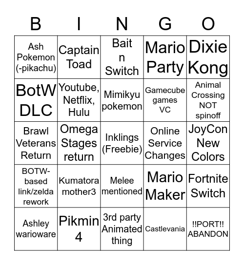 Smash 5 Annoucement Bingo Card