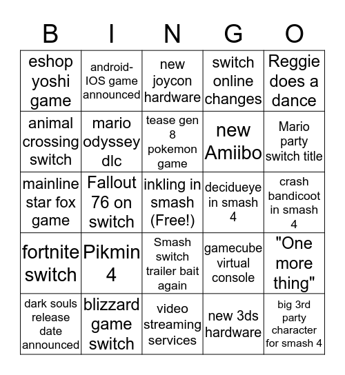 Smash 4 Characters Bingo Card
