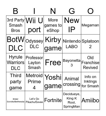 Nintendo E3 2018 Bingo Card