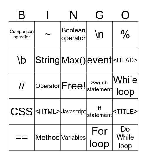 Comprog-5 Bingo Card