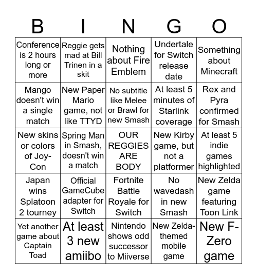 Nintendo E3 Bingo Card