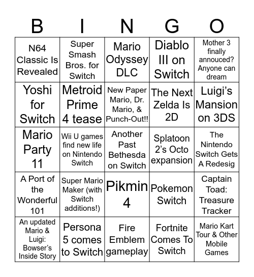 E3 Nintendo 2018 Bingo Card