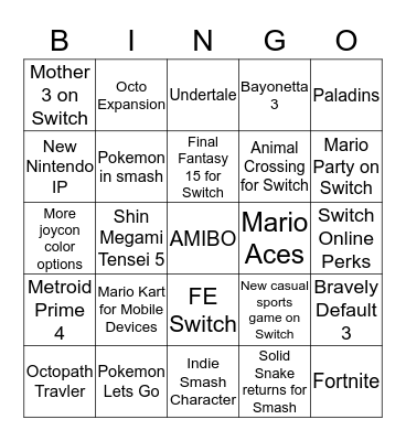 Nintendo E3 Bingo 2018 Bingo Card