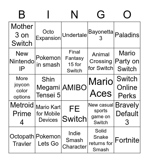 Nintendo E3 Bingo 2018 Bingo Card
