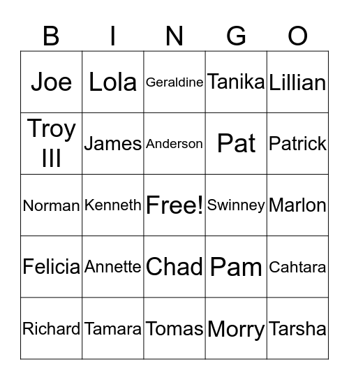 Swinney Family Reunion 2018 Bingo Card