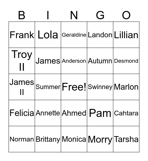 Swinney Family Reunion 2018 Bingo Card