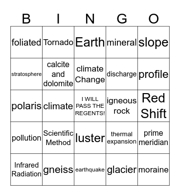 Earth Science Regent Version C Bingo Card