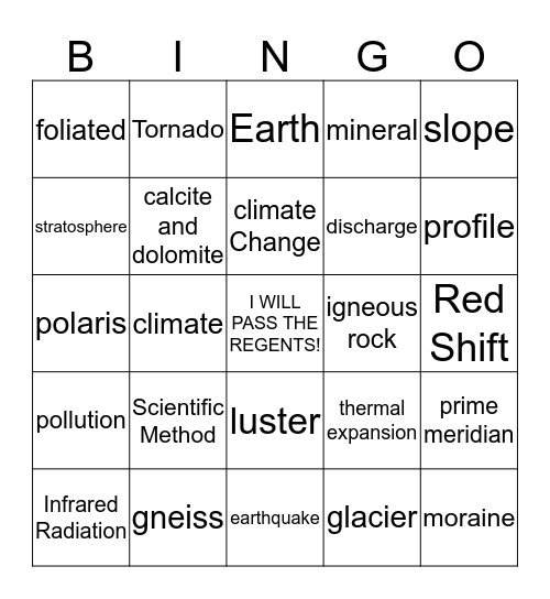 Earth Science Regent Version C Bingo Card