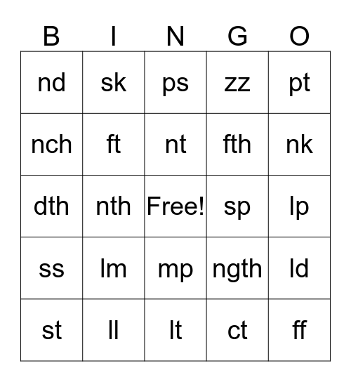 Ending Blends Bingo Card