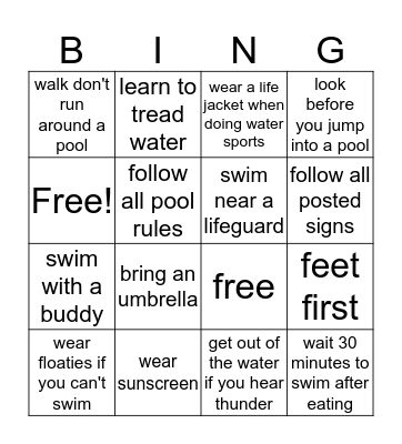 summer safety Bingo Card