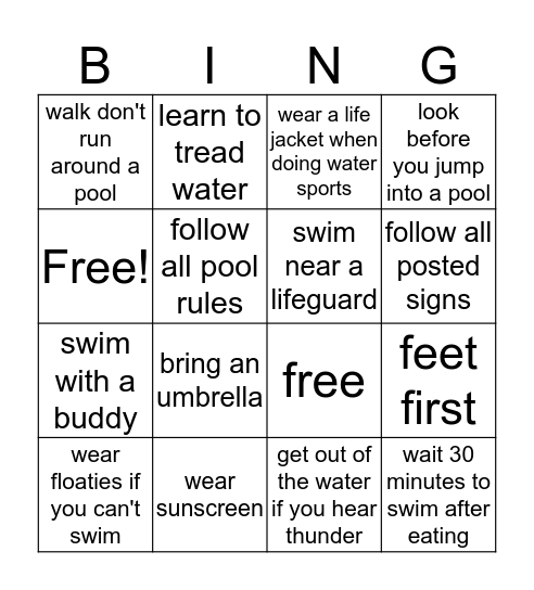 summer safety Bingo Card