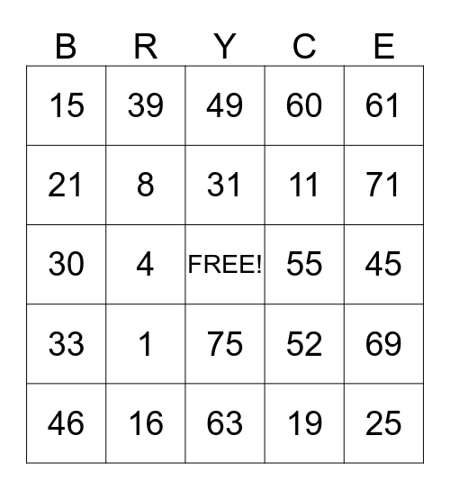 BRYCE Bingo Card