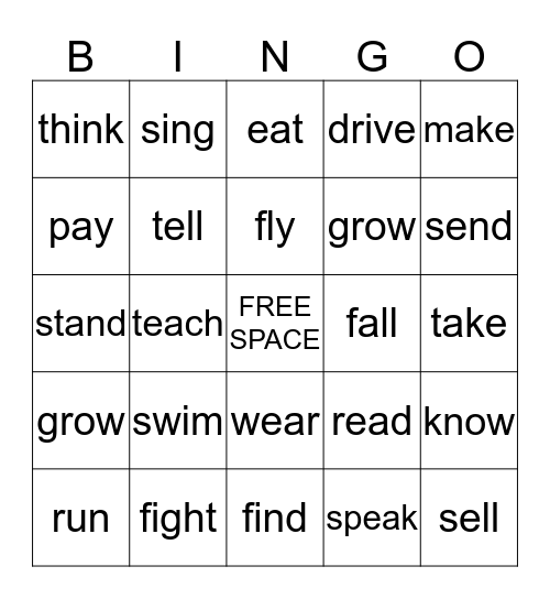Irregular Past Tense Bingo Card