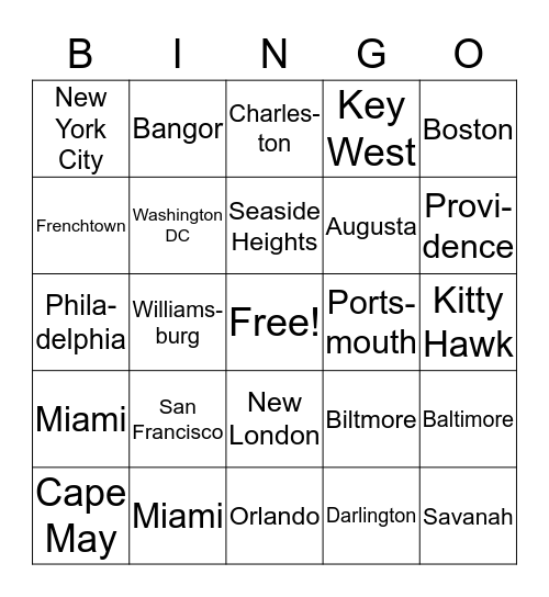 Cities on HWY 95 Bingo Card
