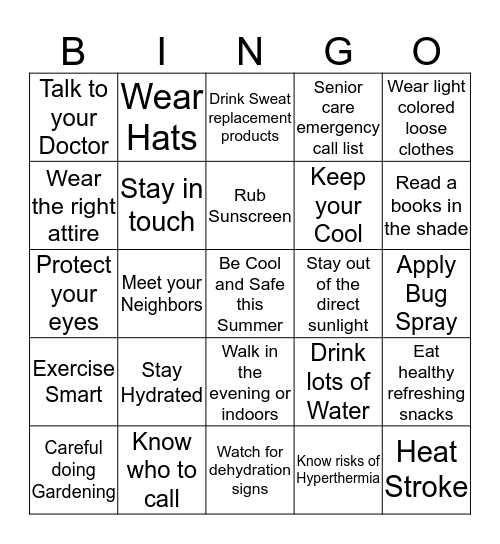Kupuna Summer Safety Tips  Bingo Card