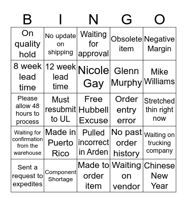 Hubbell Excuse Bingo Card