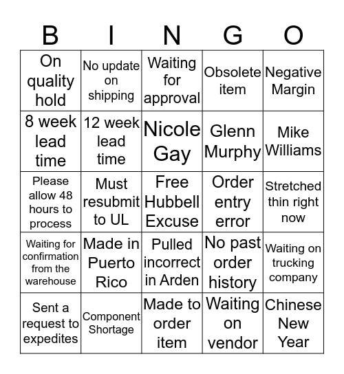 Hubbell Excuse Bingo Card