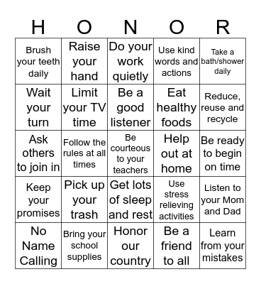 WE VALUE HONOR AND RESPECT Bingo Card