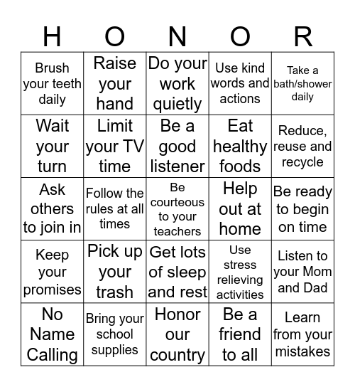 WE VALUE HONOR AND RESPECT Bingo Card