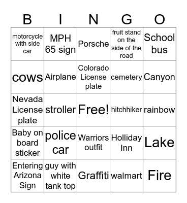 Myers Grand Canyon 2018 Bingo Card