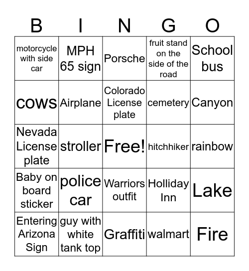 Myers Grand Canyon 2018 Bingo Card