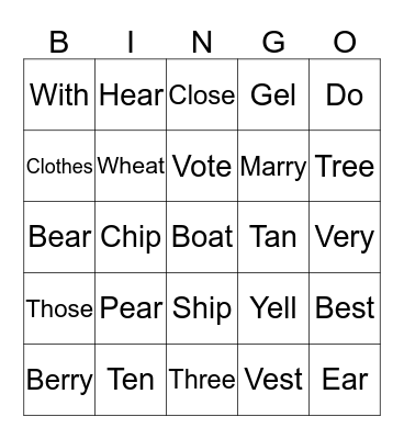 Minimal Pairs Bingo Card